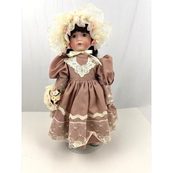 VTG Heirloom Treasure Happyland Porcelain Doll with Stand Brown Hair 16" - Picture 1 of 16